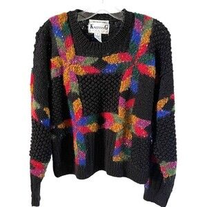 Knitting Needles Knitted By Hand Wool and Cotton Blend Crewneck Vintage Sweater